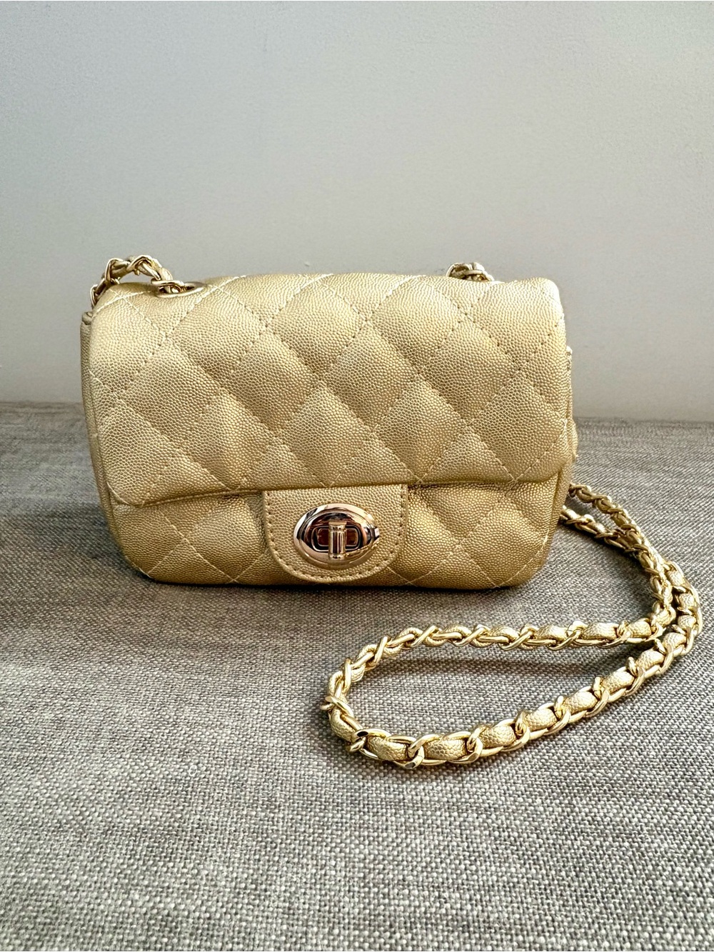Gold Quilted Caviar Vegan Leather Crossbody Flap Bag With Interwoven Chain Strap